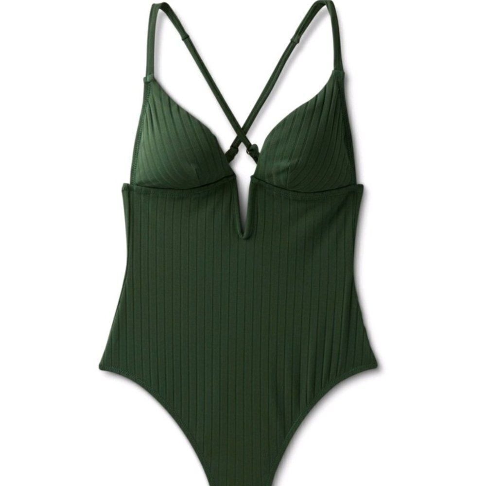 Women's Ribbed Plunge Front V-Wire One Piece Swimsuit - Shade & Shore Dark Green - Picture 5 of 8